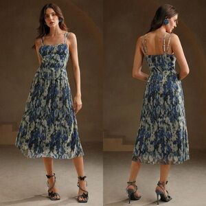 Anewsta Printed Blue Strappy Long Midi Dress With Gathered medium nwt